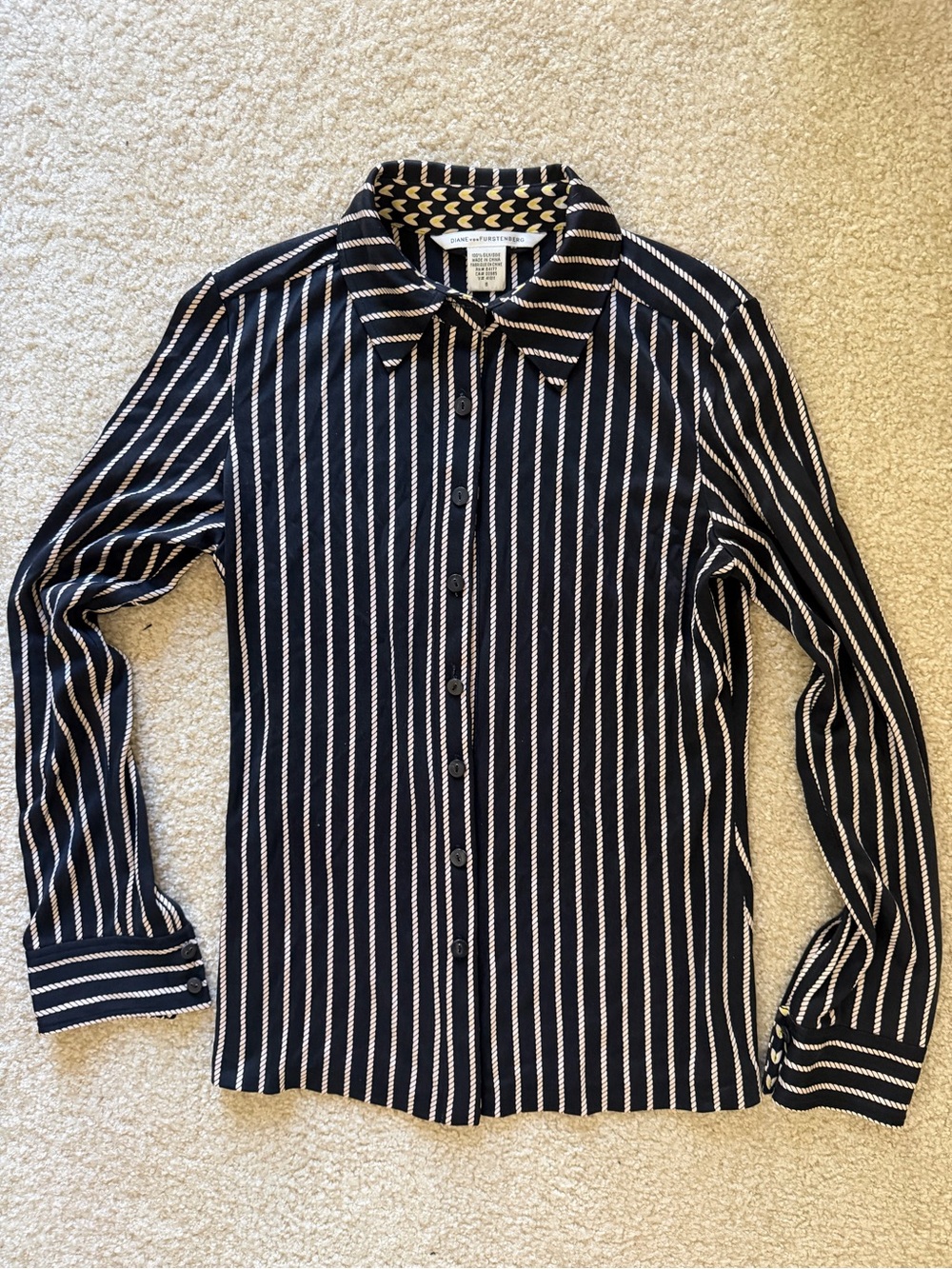 Diane Von Furstenberg 100% Silk Stripe Printed Button-Down Shirt